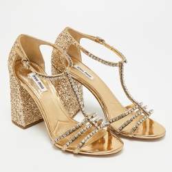 Pre Owned Miu Miu Crystal Embellished Size 38.5 Gold Glitter T-Strap Sandals
