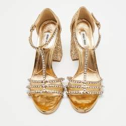 Pre Owned Miu Miu Crystal Embellished Size 38.5 Gold Glitter T-Strap Sandals