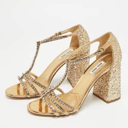 Pre Owned Miu Miu Crystal Embellished Size 38.5 Gold Glitter T-Strap Sandals