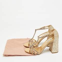 Pre Owned Miu Miu Crystal Embellished Size 38.5 Gold Glitter T-Strap Sandals