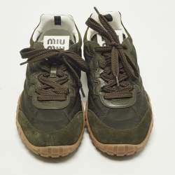 Pre Owned Miu Miu Tyre Size 40 Green/White Nylon and Suede Low Top Sneakers