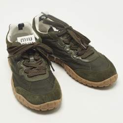 Pre Owned Miu Miu Tyre Size 40 Green/White Nylon and Suede Low Top Sneakers