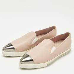 Pre Owned Miu Miu Size 38.5 Beige Leather Slip On Cap Toe Sneakers