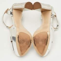 مملوكة مسبقًا Miu Miu Size 40.5 Silver Leather T-Strap Crystal Block Heel Platform Sandals