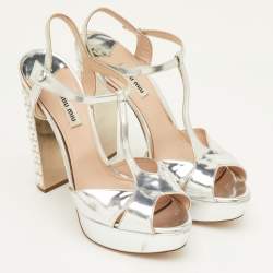 مملوكة مسبقًا Miu Miu Size 40.5 Silver Leather T-Strap Crystal Block Heel Platform Sandals