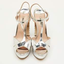 مملوكة مسبقًا Miu Miu Size 40.5 Silver Leather T-Strap Crystal Block Heel Platform Sandals