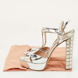 مملوكة مسبقًا Miu Miu Size 40.5 Silver Leather T-Strap Crystal Block Heel Platform Sandals