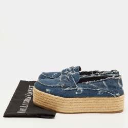 Pre Owned Miu Miu Size 37.5 Blue Denim Penny Loafer Platform Espadrille Loafers