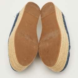 Pre Owned Miu Miu Size 37.5 Blue Denim Penny Loafer Platform Espadrille Loafers