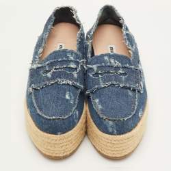 Pre Owned Miu Miu Size 37.5 Blue Denim Penny Loafer Platform Espadrille Loafers