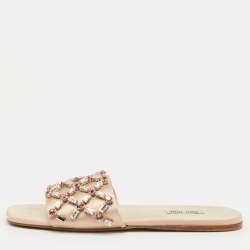 مملوكة مسبقًا Miu Miu Size 37.5 Beige Crystal Embellished Satin Flat Sandals