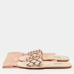 مملوكة مسبقًا Miu Miu Size 37.5 Beige Crystal Embellished Satin Flat Sandals