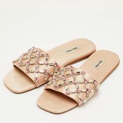 مملوكة مسبقًا Miu Miu Size 37.5 Beige Crystal Embellished Satin Flat Sandals