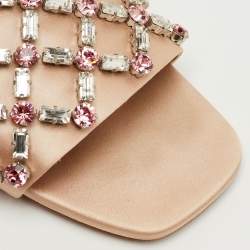 مملوكة مسبقًا Miu Miu Size 37.5 Beige Crystal Embellished Satin Flat Sandals