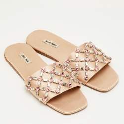 مملوكة مسبقًا Miu Miu Size 37.5 Beige Crystal Embellished Satin Flat Sandals