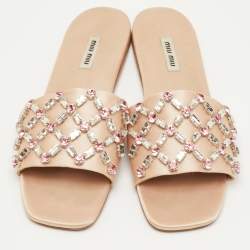 مملوكة مسبقًا Miu Miu Size 37.5 Beige Crystal Embellished Satin Flat Sandals