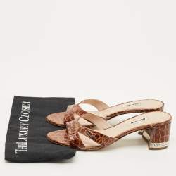 Pre Owned Miu Miu Size 39.5 Brown Crocodile Leather Crystal Embellished Slide Sandals   