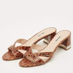 Pre Owned Miu Miu Size 39.5 Brown Crocodile Leather Crystal Embellished Slide Sandals   