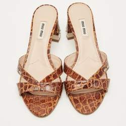 Pre Owned Miu Miu Size 39.5 Brown Crocodile Leather Crystal Embellished Slide Sandals   