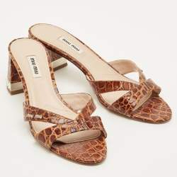 Pre Owned Miu Miu Size 39.5 Brown Crocodile Leather Crystal Embellished Slide Sandals   