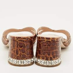 Pre Owned Miu Miu Size 39.5 Brown Crocodile Leather Crystal Embellished Slide Sandals   