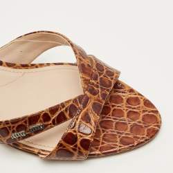 Pre Owned Miu Miu Size 39.5 Brown Crocodile Leather Crystal Embellished Slide Sandals   
