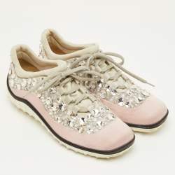 مملوكة مسبقًا Miu Miu Astro Size 38 Light Pink/Grey Fabric Crystal Embellished Low Top Sneakers