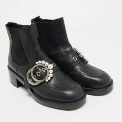 مملوكة مسبقًا Miu Miu Size 39 Black Leather Crystal Embellished Buckle Ankle Length Boots