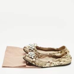 Pre Owned Miu Miu Size 41 Brown/Beige  Python Embossed  Crystal Embellished Scrunch Ballet Flats