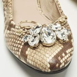 Pre Owned Miu Miu Size 41 Brown/Beige  Python Embossed  Crystal Embellished Scrunch Ballet Flats