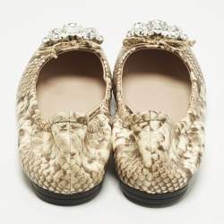 Pre Owned Miu Miu Size 41 Brown/Beige  Python Embossed  Crystal Embellished Scrunch Ballet Flats