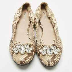Pre Owned Miu Miu Size 41 Brown/Beige  Python Embossed  Crystal Embellished Scrunch Ballet Flats