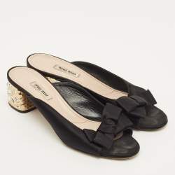 Pre Owned Miu Miu Size 39.5 Black Satin Bow Crystal Embellished Block Heel Slide Sandals