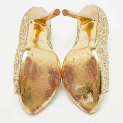 Pre Owned Miu Miu Size 39 Gold Glitter Peep Toe Platform Pumps