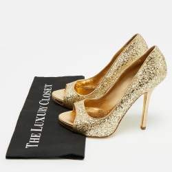 Pre Owned Miu Miu Size 39 Gold Glitter Peep Toe Platform Pumps