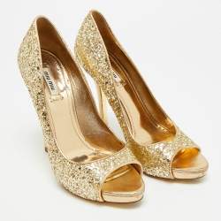 Pre Owned Miu Miu Size 39 Gold Glitter Peep Toe Platform Pumps