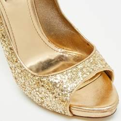 Pre Owned Miu Miu Size 39 Gold Glitter Peep Toe Platform Pumps