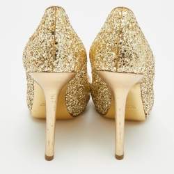 Pre Owned Miu Miu Size 39 Gold Glitter Peep Toe Platform Pumps