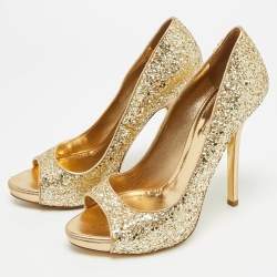 Pre Owned Miu Miu Size 39 Gold Glitter Peep Toe Platform Pumps