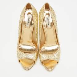Pre Owned Miu Miu Size 39 Gold Glitter Peep Toe Platform Pumps