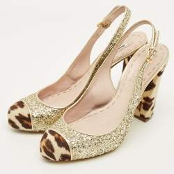 مملوكة مسبقًا Miu Miu Coarse Size 40.5 Gold Calf Hair and Glitter Block Heel Slingback Pumps