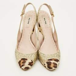 مملوكة مسبقًا Miu Miu Coarse Size 40.5 Gold Calf Hair and Glitter Block Heel Slingback Pumps