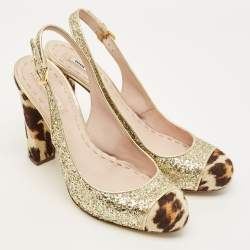 مملوكة مسبقًا Miu Miu Coarse Size 40.5 Gold Calf Hair and Glitter Block Heel Slingback Pumps