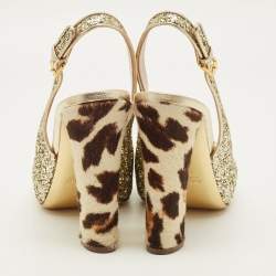 مملوكة مسبقًا Miu Miu Coarse Size 40.5 Gold Calf Hair and Glitter Block Heel Slingback Pumps