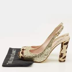 مملوكة مسبقًا Miu Miu Coarse Size 40.5 Gold Calf Hair and Glitter Block Heel Slingback Pumps