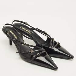 مملوكة مسبقًا حذاء كعب عالي ميو ميو سير جلد لامع أحمر نبيذي مقدمة مدببة بمشبك حزام خلفي مقاس 37.5