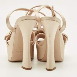 مملوكة مسبقًا Miu Miu Size 36 Beige Satin Logo Bow Platform Ankle Strap Sandals