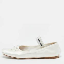 Pre Owned Miu Miu Size 38 Cream White Satin Bow Mary Jane Ballet Flats