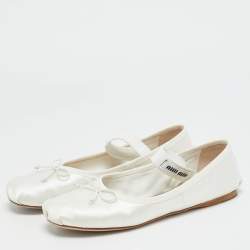 Pre Owned Miu Miu Size 38 Cream White Satin Bow Mary Jane Ballet Flats