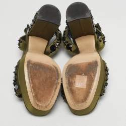 Pre Owned صندل ميو ميو نعل سميك مزخرف كريستال ساتان وقطيفة أسود / أخضر مقاس 38.5